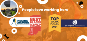Best Places to work in Indiana Top Work Places graphic with construction workers- awards