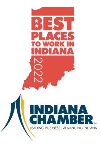 Best Places to work in Indiana Indana Chamber of Commerce Leading Business Advancing Indiana. Red text with red state of Indiana. 2022
