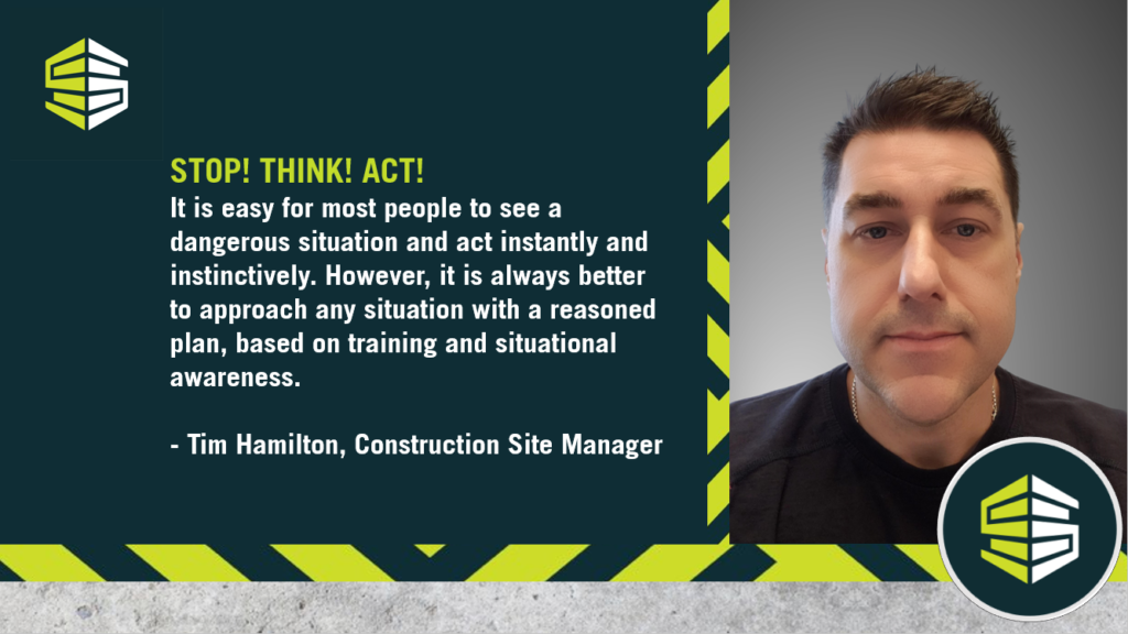 Stop Think Act in green text: a description on how to approach a dangerous situation follows. Construction Safety Week logos