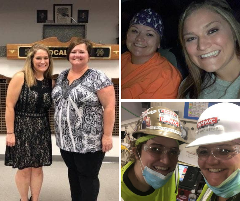 Collage of mother-daughter together in selfies and in construction gear. National women in construction