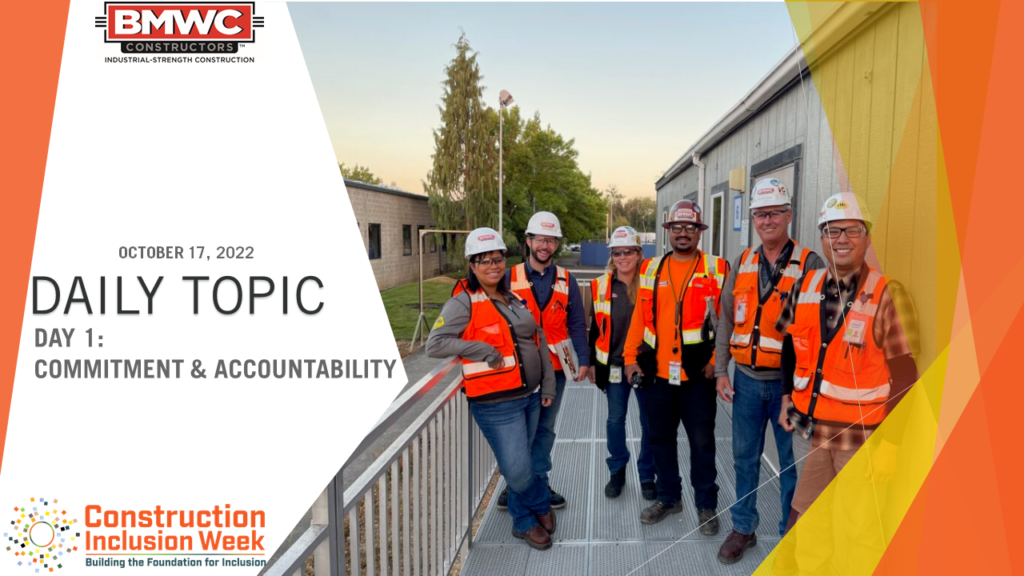 Group of construction workers with orange hi vis vests standing on jobsite with hardhats: Daily Topic Commitment and accountability Construction Inclusion Week 