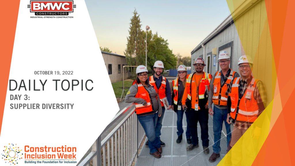 Group of construction workers with orange hi vis vests standing on jobsite with hardhats: Daily Topic Supplier Diversity Construction Inclusion Week 