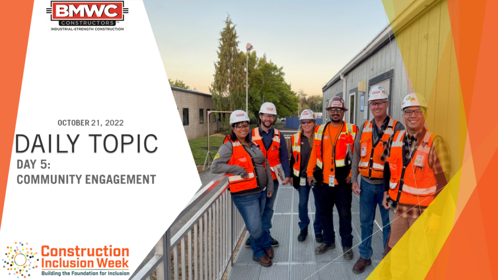 Group of construction workers with orange hi vis vests standing on jobsite with hardhats: Daily Topic community engagement- youth outreach Construction Inclusion Week 
