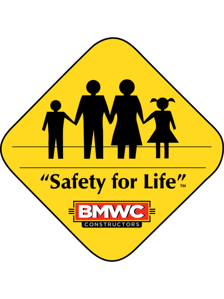 BMWC Safety for life sign with stick figures holding hands. two adults in the middle and two children on the outsides