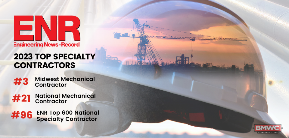 ENR Top Contractor Safety Helmet with construction site in helmet. midwest mechanical, national mechanical, enr top 600